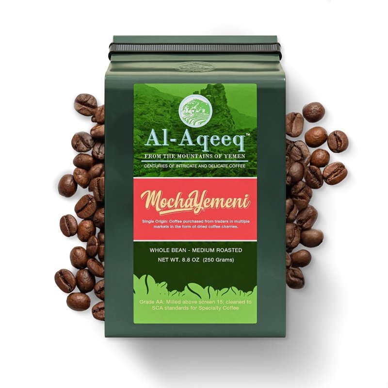 Bag of Al-Aqeeq Yemeni single-origin arabica coffee, medium roast whole bean