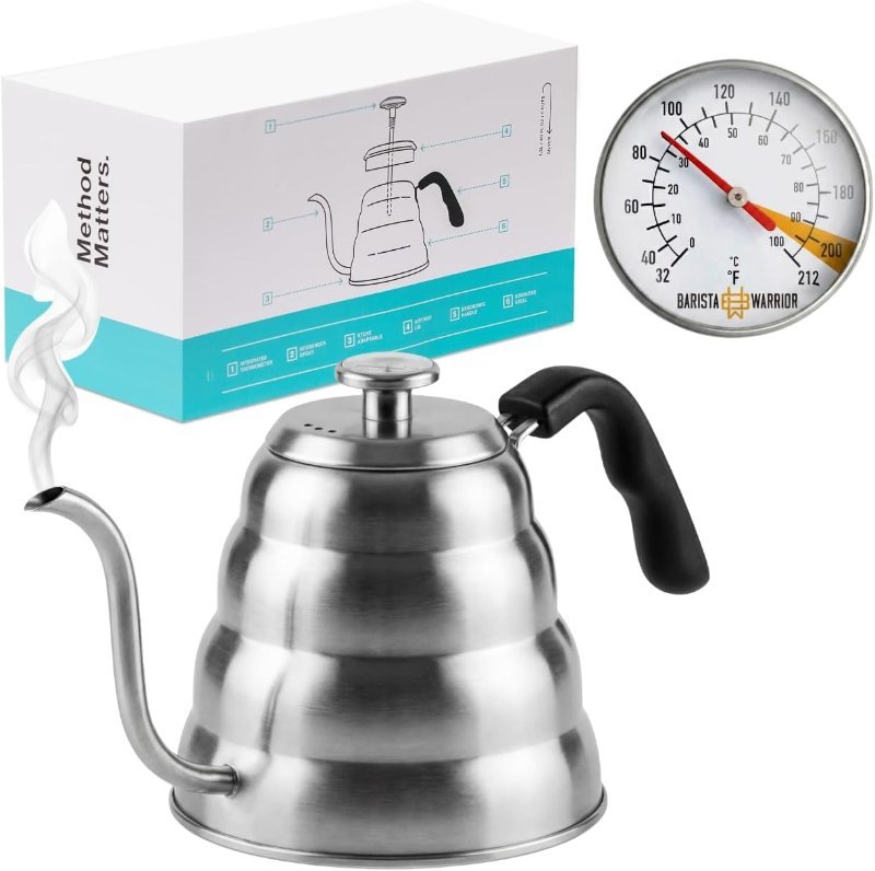 Barista Warrior Gooseneck Kettle with Thermometer, 1.2L stainless steel