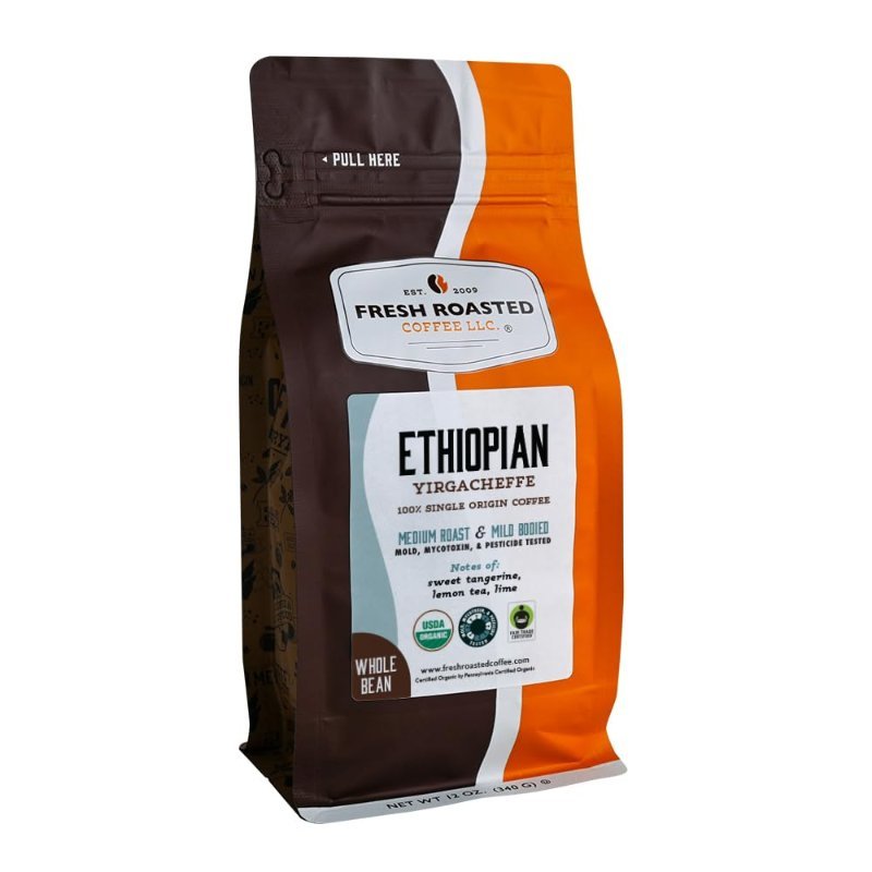 Bag of Fresh Roasted Coffee Organic Ethiopian Yirgacheffe light roast whole bean coffee