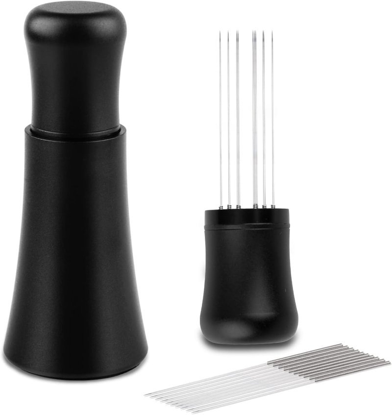 Matte black WDT espresso distribution tool with ten 0.35mm stainless steel needles and aluminum stand