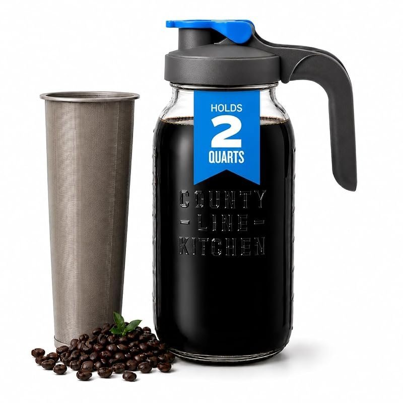 County Line Kitchen 64oz glass cold brew coffee maker mason jar with stainless filter