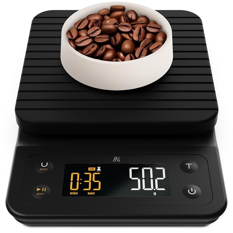 Greater Goods digital coffee scale with timer and waterproof silicone cover