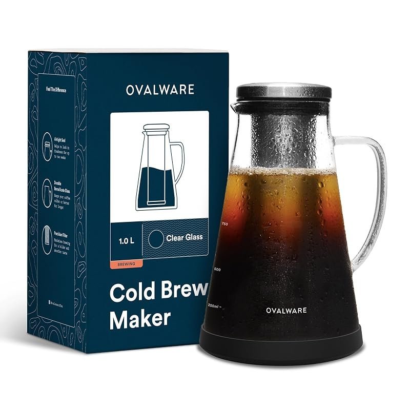 OVALWARE airtight cold brew coffee maker, 1 liter borosilicate glass bottle with stainless steel filter